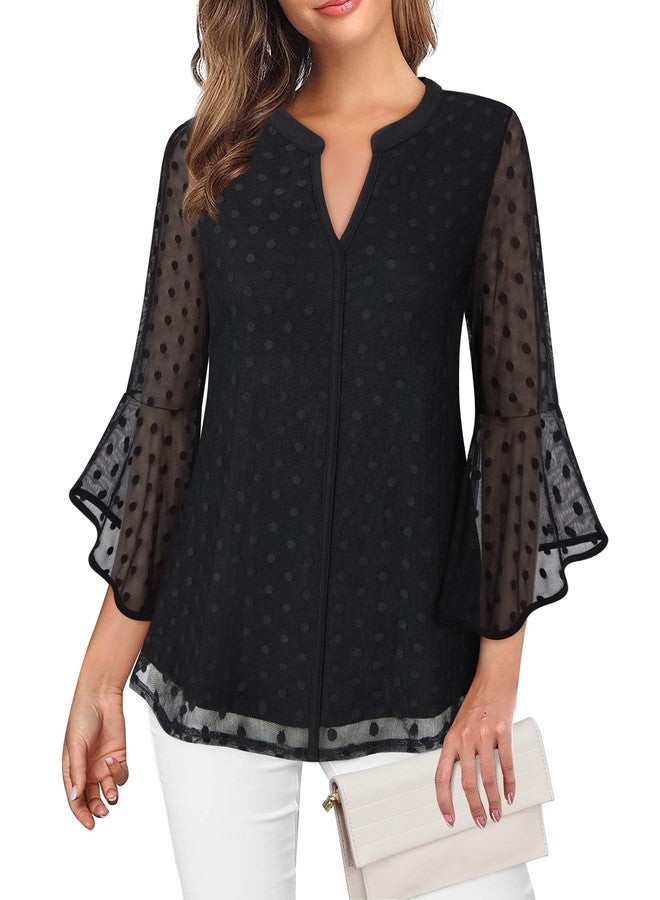 VALOLIA Ladies Summer Tops and Blouses: Bell Sleeve - Womens Spring Top 2025 Trendy - Dressy Tops to Hide Tummy Holiday Blouses Plus Size Formal Shirt Chic Elegant Black Dots Shirts Large - Image 1